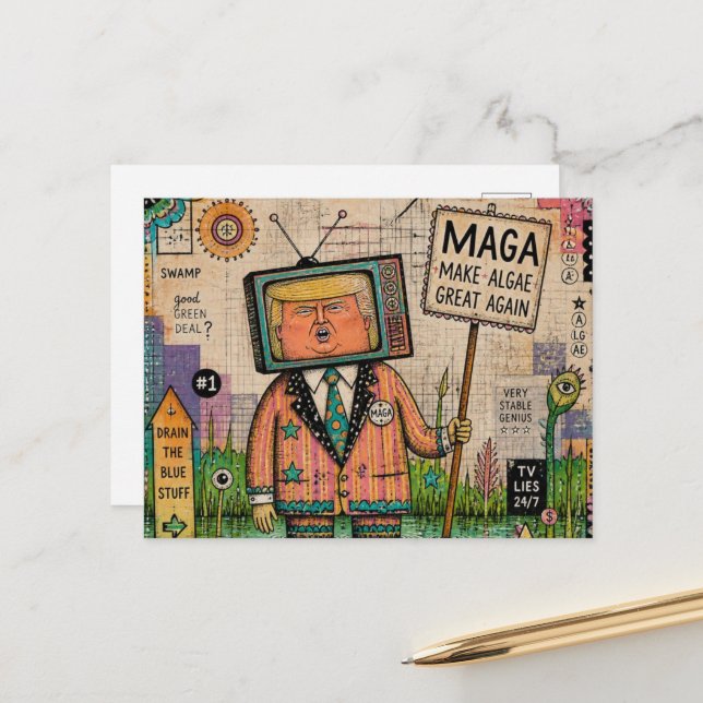 Make Algae Green Again Mixed Media Funny Collage Postcard (Front/Back In Situ)