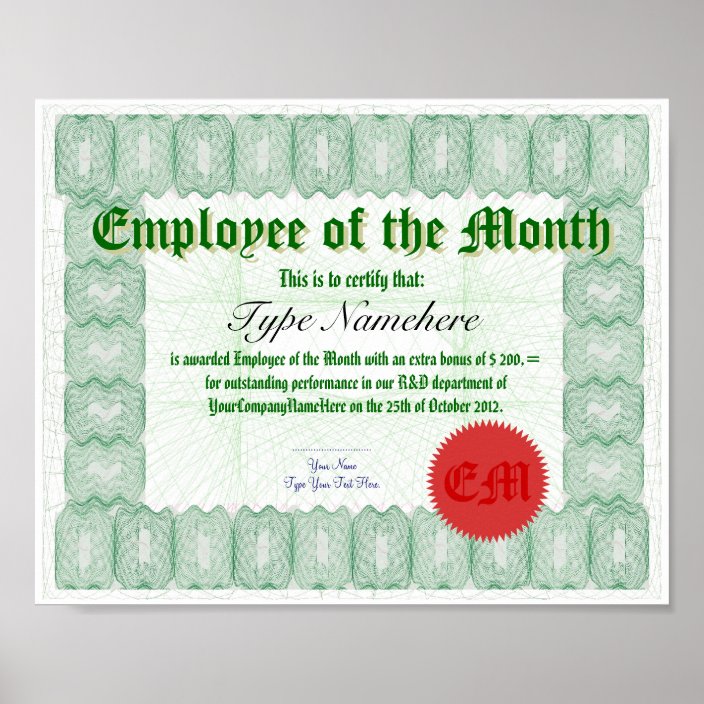 Make an Employee of the Month Certicate Award Poster | Zazzle.co.uk