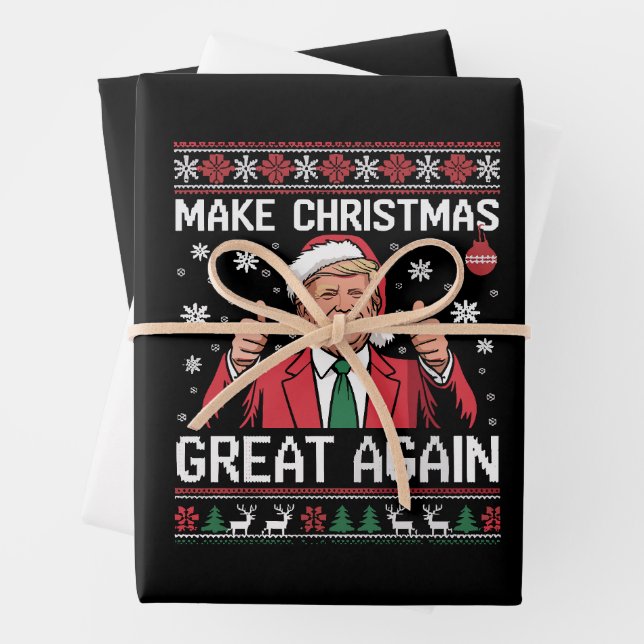 Make Christmas Great Again Trump Pyjamas Ugly Xmas Wrapping Paper Sheet (In situ)