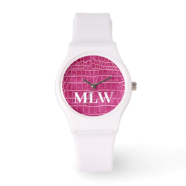 Make Custom Monogram Hot Pink Faux Crocodile Watch (Front)