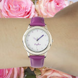 Make Cute Pretty Purple Girls Name Girly Chic Kids Watch<br><div class="desc">Custom, personalised, kids girls fun cool pretty chic girly stylish purple leather strap, stainless steel case, wrist watch. Simply type in the name, to customise. Go ahead create a wonderful, custom watch for the lil princess in your life - daughter, sister, niece, grandaughter, goddaughter, stepdaughter. Makes a great custom gift...</div>