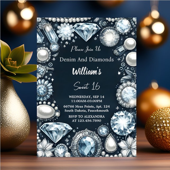 Make Elegant Gem Bling Denim And Diamonds Sweet 16 Invitation (Creator Uploaded)