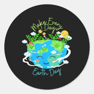 Make Every Day Earth Day Cute Funny Smiling Planet Classic Round Sticker