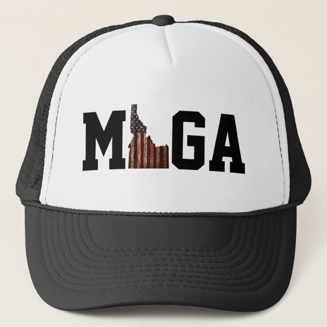 MAKE IDAHO GREAT AGAIN US FLAG - PLAY ON MAGA TRUCKER HAT (Front)