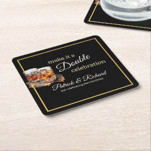 Make it a Double Celebration Black Whiskey Glass Square Paper Coaster
