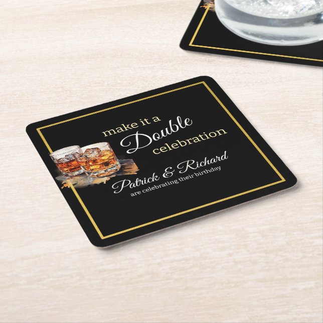 Make it a Double Celebration Black Whiskey Glass Square Paper Coaster (Angled)