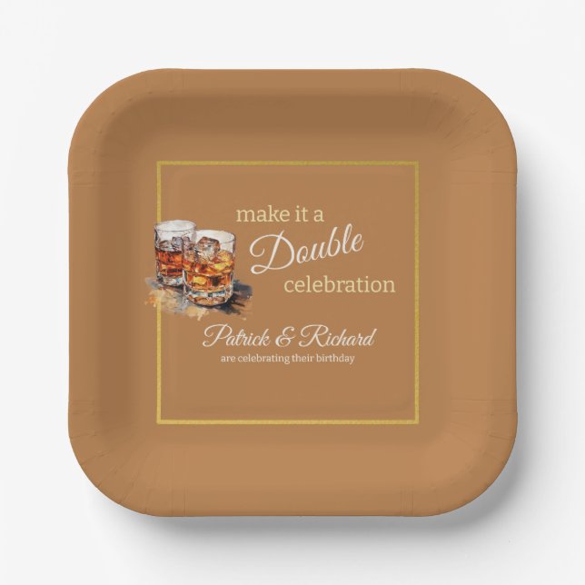 Make it a Double Celebration Brown Whiskey Glass Paper Plate (Front)