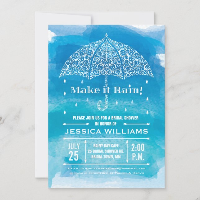 Make it Rain Watercolor Shower Invitation Blue (Front)