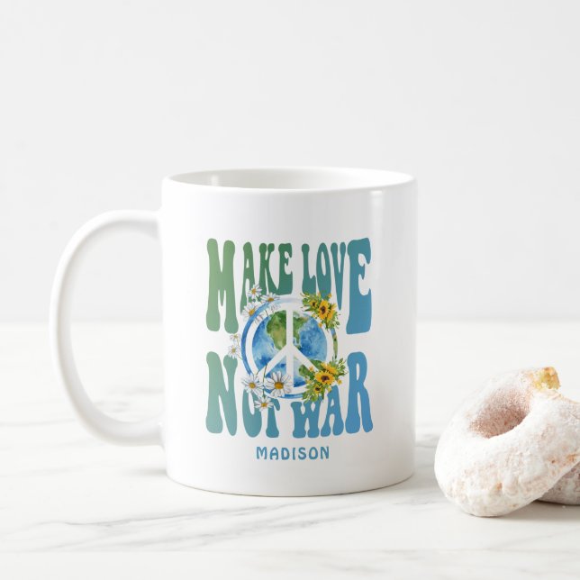 Make Love Not War Floral World Peace Sign Add Name Coffee Mug (With Donut)