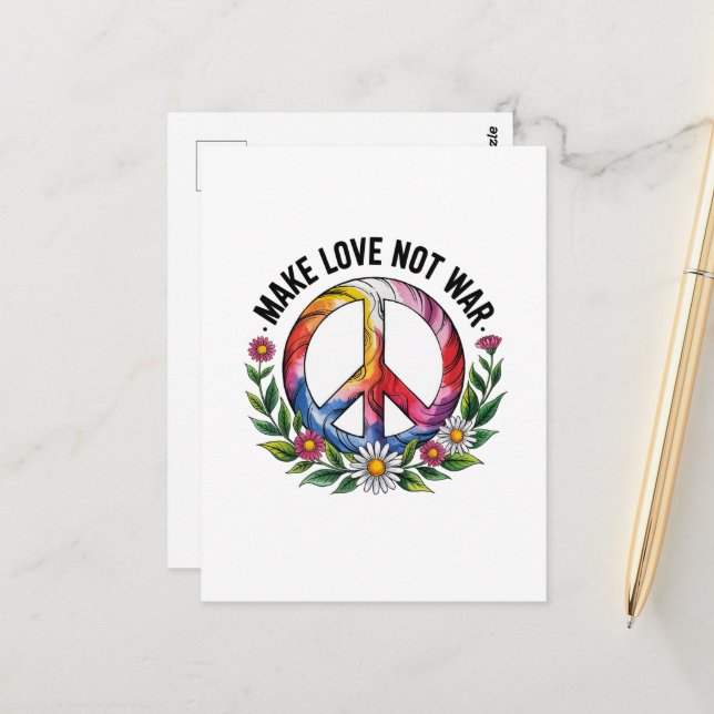 Make Love Not War Peace Sign and Cute Flowers Postcard (Front/Back In Situ)