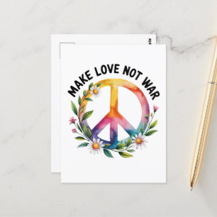 Make Love Not War Peace Sign and Flowers Postcard