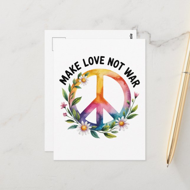 Make Love Not War Peace Sign and Flowers Postcard (Front/Back In Situ)