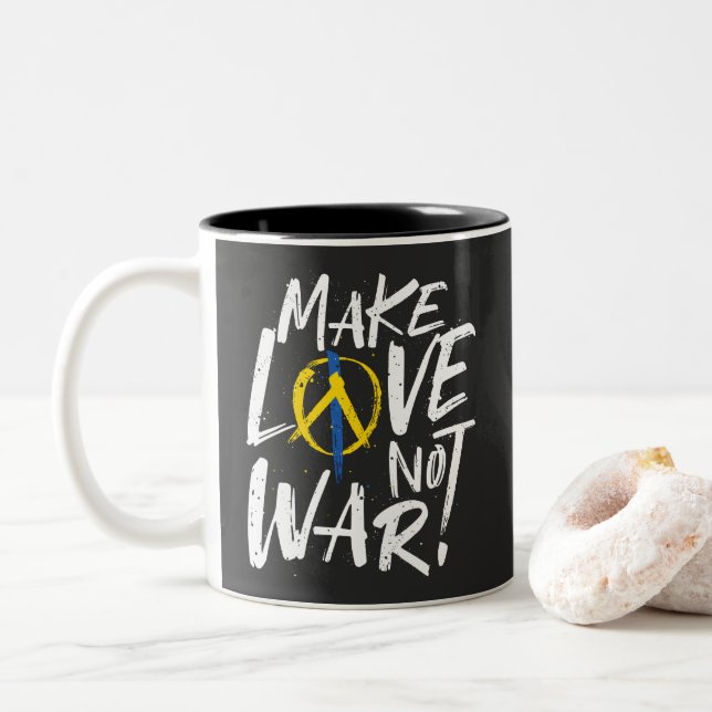 Make Love Not War Support Ukraine Two-Tone Coffee Mug (With Donut)