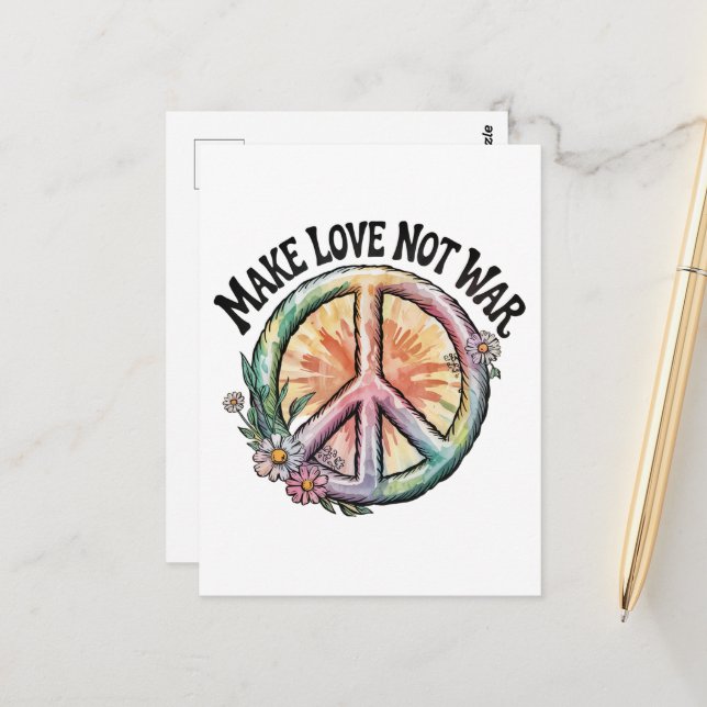 Make Love Not War tie-dye peace sign and flowers Postcard (Front/Back In Situ)