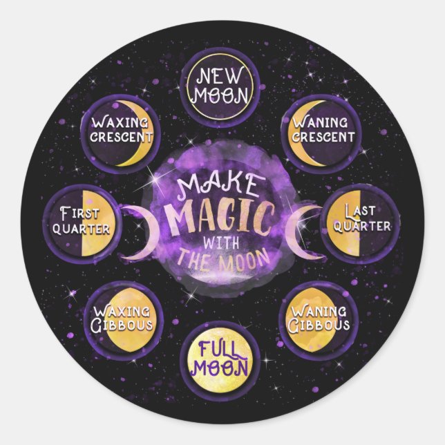 Make Magic With The Moon Lunar Cycles Phases Party Classic Round Sticker (Front)