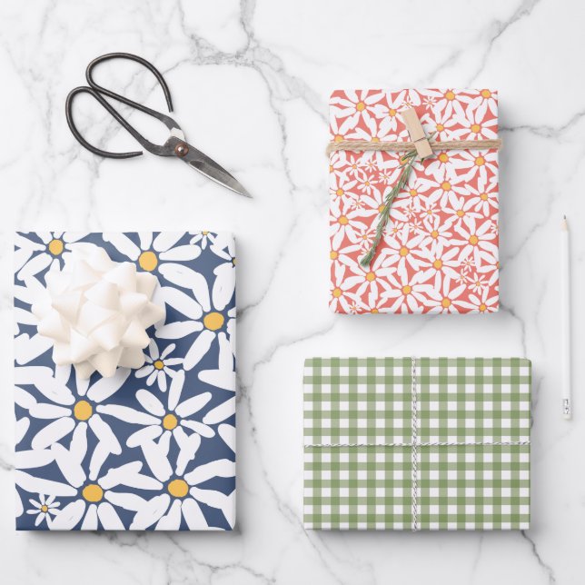 Make My Daisy - Navy, Coral, Green Wrapping Paper Sheet (Front)