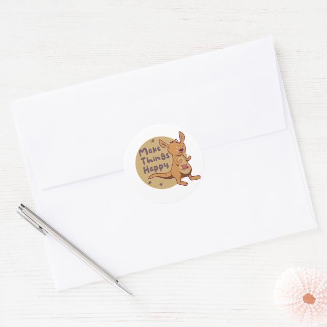 Make things happy Kawaii funny cute kangaroo brown Classic Round Sticker (Envelope)