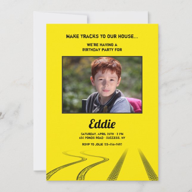 Make Tracks Photo Birthday Party Invitation (Front)