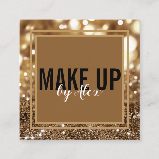 Make up artist bold signature script gold glitter square business card (Front)