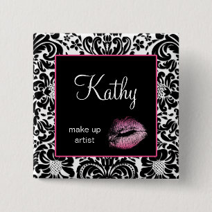 Make up artist Damask Name Tag Button Brooch pink