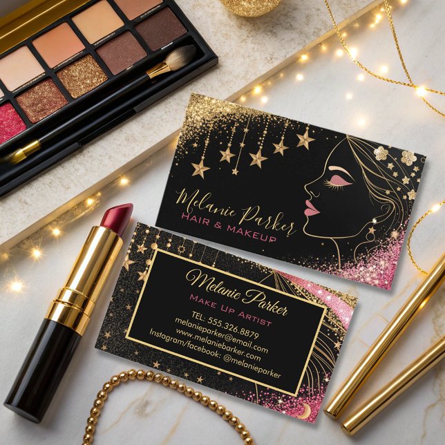 Make up Artist Pink Gold Elegant Glitter Trendy  Business Card (Creator Uploaded)
