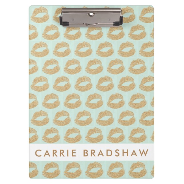 Make Up Gold Glitter Lips Pattern Personalise Name Clipboard (Front)