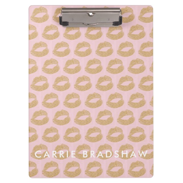 Make Up Gold Glitter Lips Pattern Personalise Name Clipboard (Front)