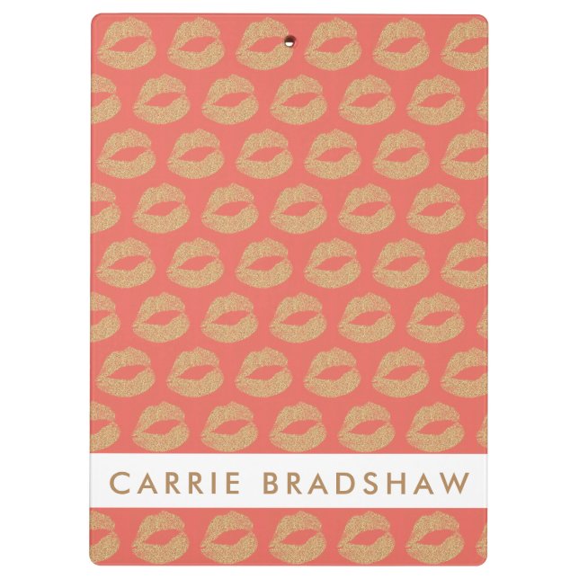 Make Up Gold Glitter Lips Peach Personalise Name Clipboard (Back)