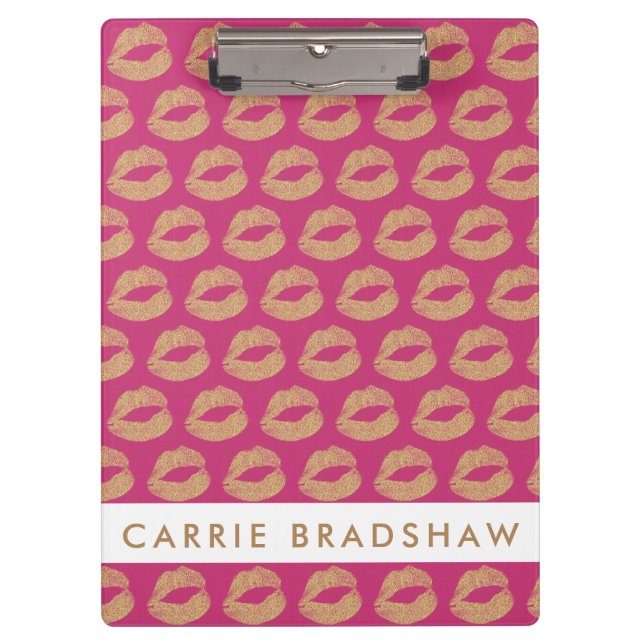 Make Up Gold Glitter Lips Pink Personalise Name Clipboard (Front)