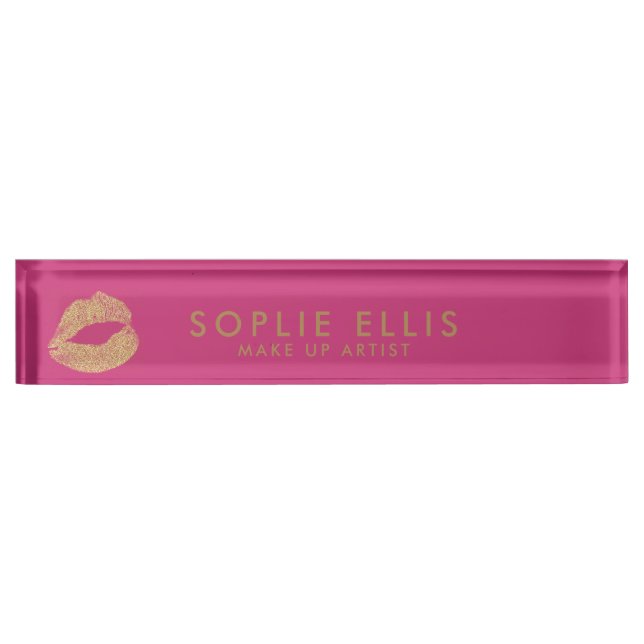 Make Up Gold Glitter Lips Pink Personalise Name Nameplate (Front)