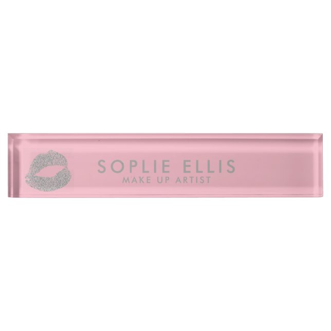Make Up Silver Glitter Lips Pink Personalise Name Nameplate (Front)