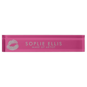 Make Up Silver Glitter Lips Pink Personalise Name Nameplate