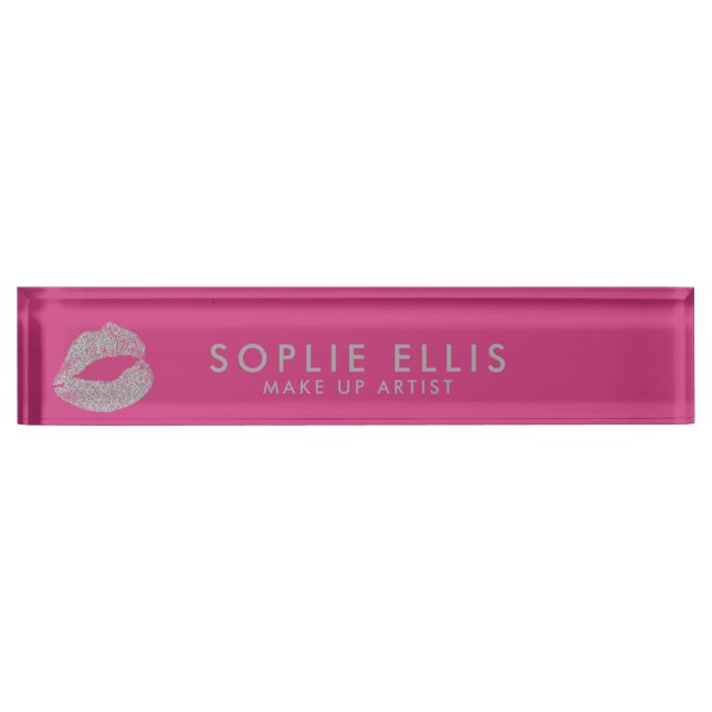 Make Up Silver Glitter Lips Pink Personalise Name Nameplate (Front)