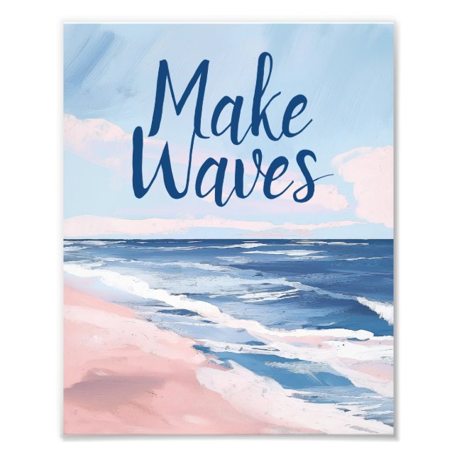 Make Waves Pink Blue Coastal Beach gouache  Photo Print (Front)