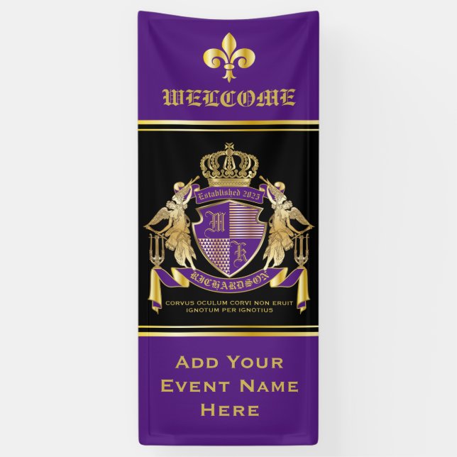 Make Your Coat of Arms Gold Angel Purple Emblem Banner (Vertical)