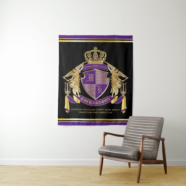 Make Your Coat of Arms Gold Angel Purple Emblem Tapestry (In Situ)