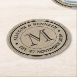Make Your Own Burlap Retro Logo Monogram Round Paper Coaster<br><div class="desc">Make your own simple, cool, unique monogram with this custom logo design with retro typography over a light, natural brown burlap image background. Replace the sample text with your family initial, names, wedding date or other text for a personalised gift. Makes a wonderful gift for Wedding, Anniversary, housewarming or hostess,...</div>