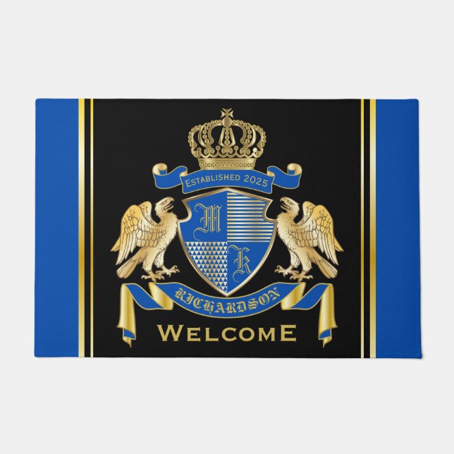 Make Your Own Coat of Arms Blue Gold Eagle Emblem Doormat (Front)