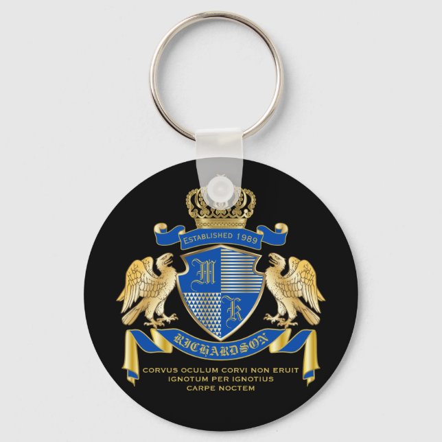 Make Your Own Coat of Arms Blue Gold Eagle Emblem Key Ring (Front)