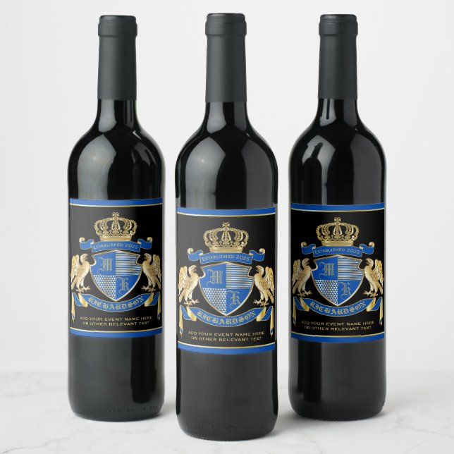 Make Your Own Coat of Arms Blue Gold Eagle Emblem Wine Label (Bottles)