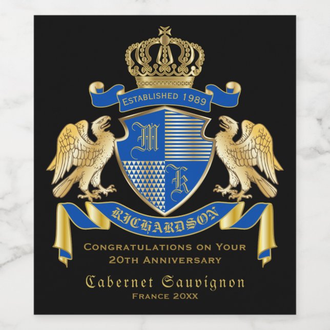 Make Your Own Coat of Arms Blue Gold Eagle Emblem Wine Label (Single Label)