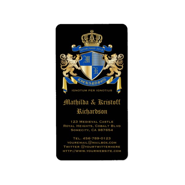 Make Your Own Coat of Arms Blue Gold Lion Emblem Label (Front)