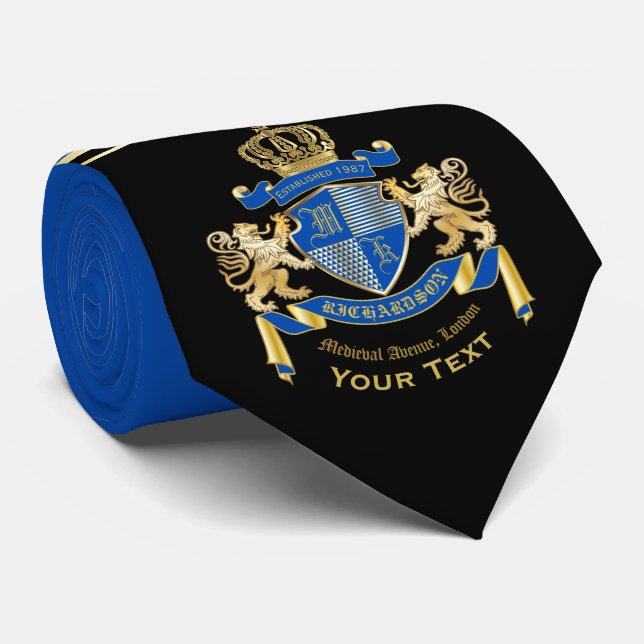 Make Your Own Coat of Arms Blue Gold Lion Emblem Tie (Rolled)