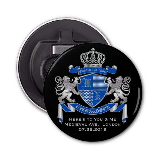 Make Your Own Coat of Arms Blue Silver Lion Emblem Bottle Opener (Front)