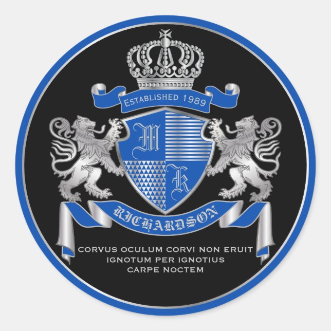 Make Your Own Coat of Arms Blue Silver Lion Emblem Classic Round Sticker (Front)