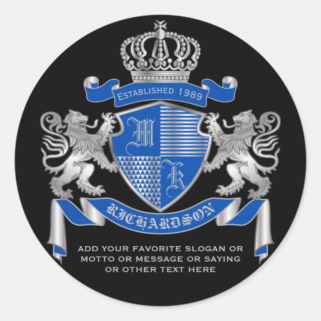 Make Your Own Coat of Arms Blue Silver Lion Emblem Classic Round Sticker (Front)