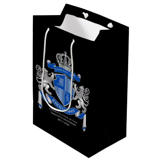 Make Your Own Coat of Arms Blue Silver Lion Emblem Medium Gift Bag (Front Angled)