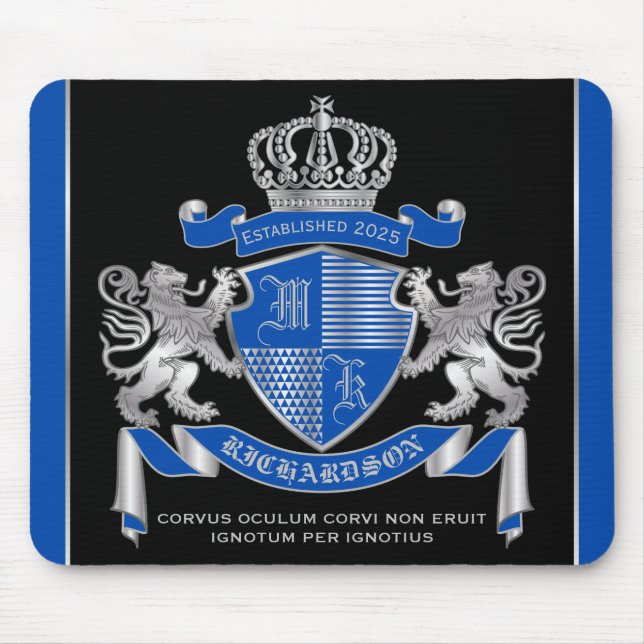 Make Your Own Coat of Arms Blue Silver Lion Emblem Mouse Mat (Front)
