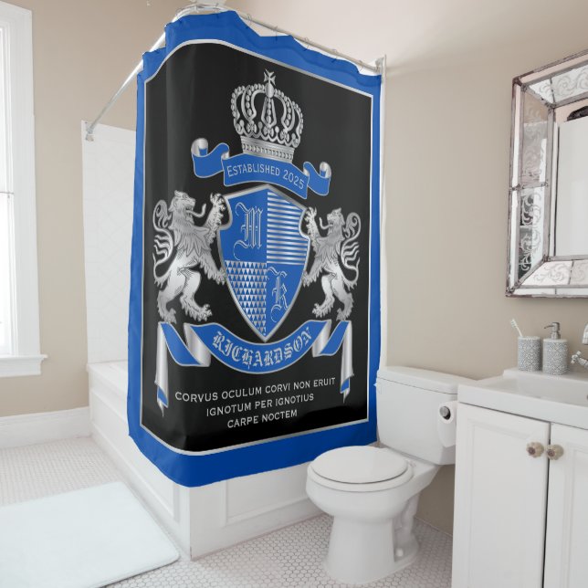 Make Your Own Coat of Arms Blue Silver Lion Emblem Shower Curtain (In Situ)