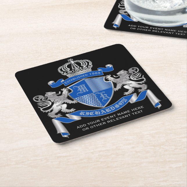 Make Your Own Coat of Arms Blue Silver Lion Emblem Square Paper Coaster (Angled)